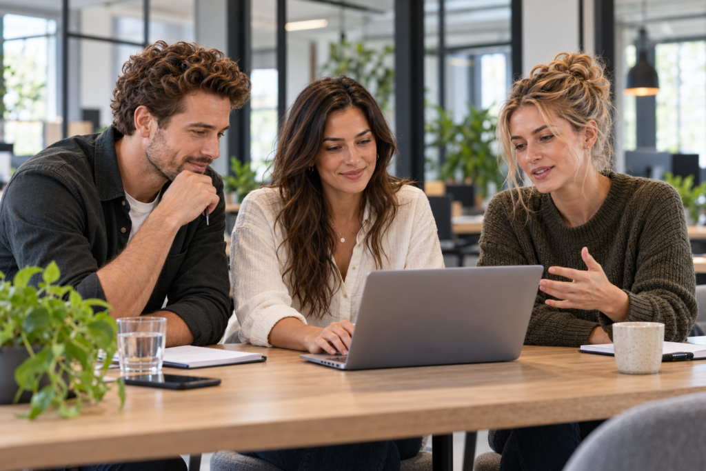 Drie personen bespreken hun werk aan een laptop.
